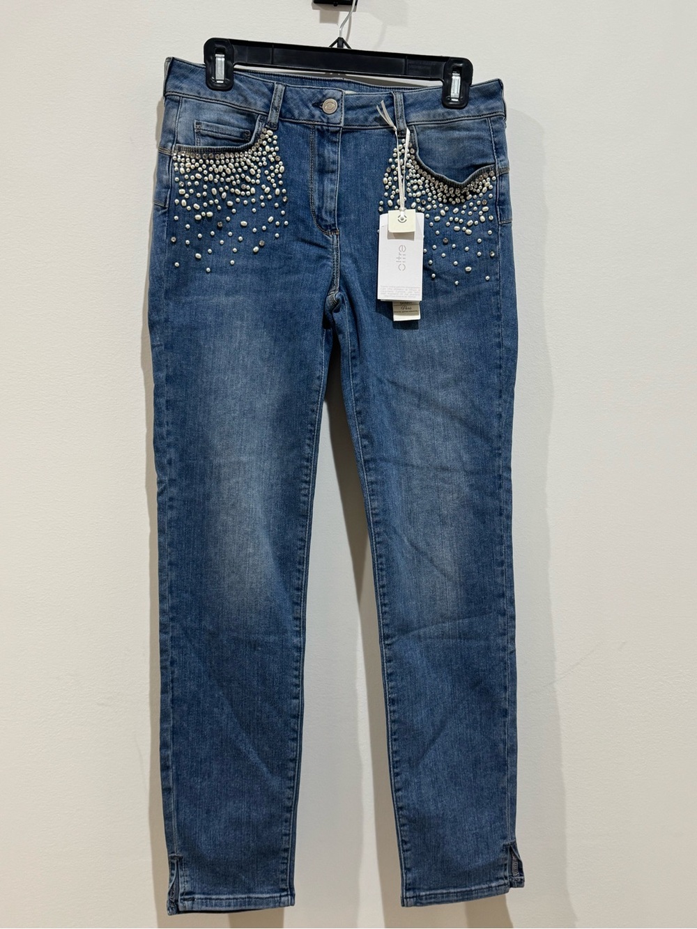 Oltre women’s blue medium wash mid rise skinny jeans stretch studded Sz 8 NWT